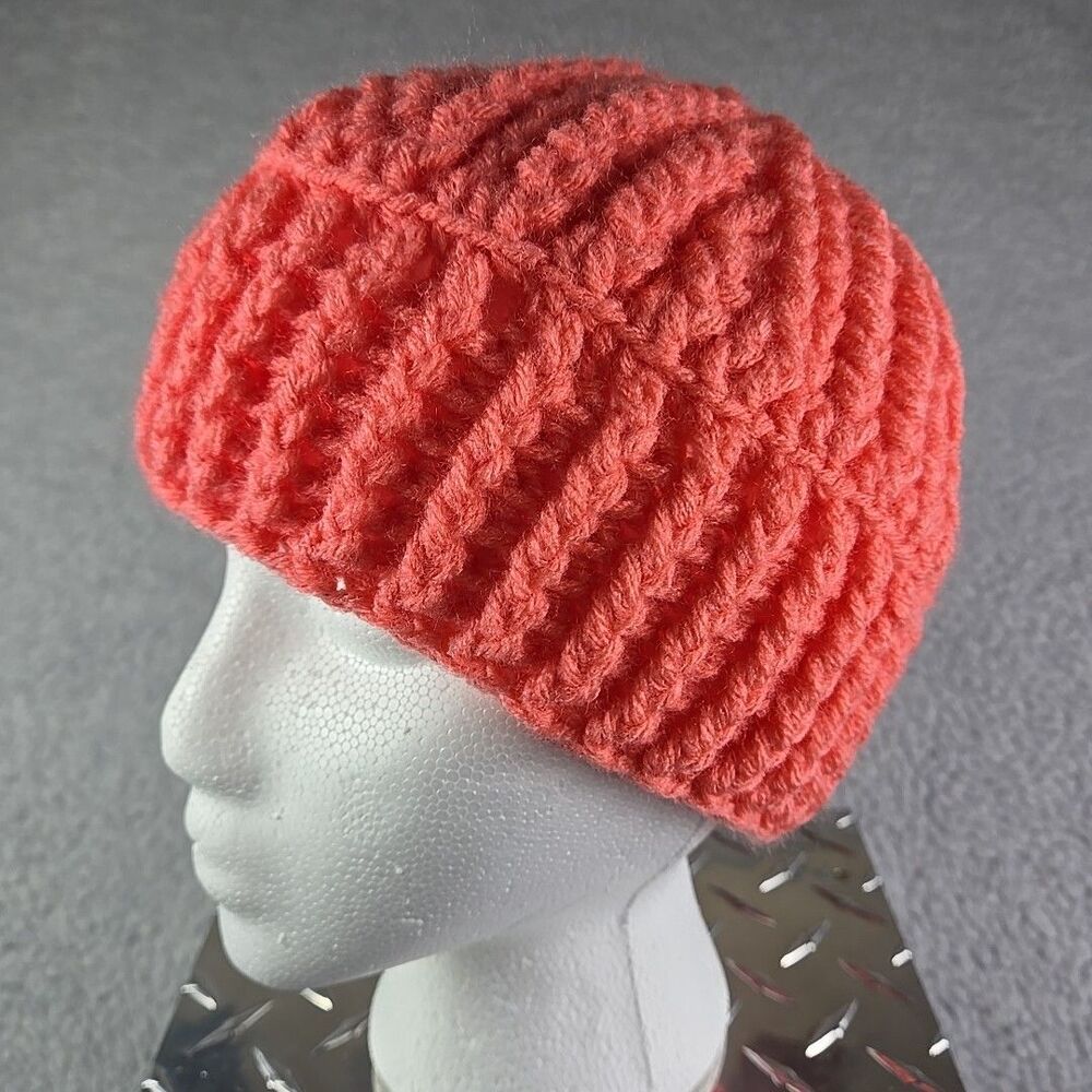 Handmade Knit Beanie Hat OSFM Pink Coral